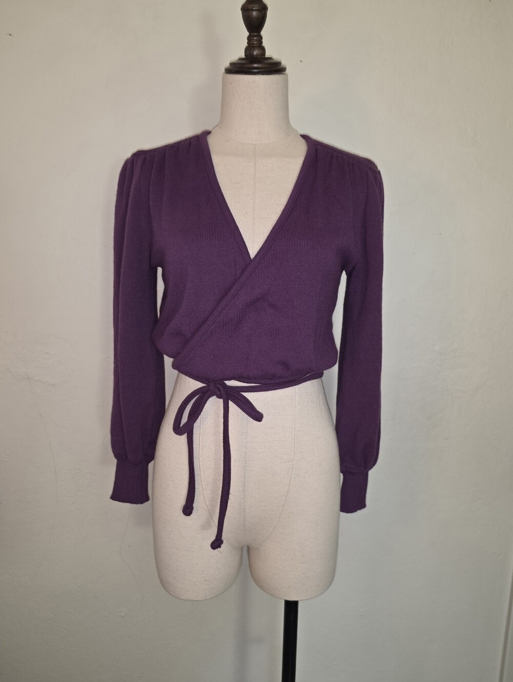 Vintage Mondi 1980s Purple Virgin Wool Blend Long-Sleeve Wrap Sweater